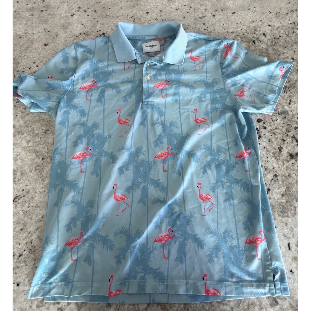 Goodfellow‎ & Co Polo Shirt Size L Blue Flamingo Palm Print